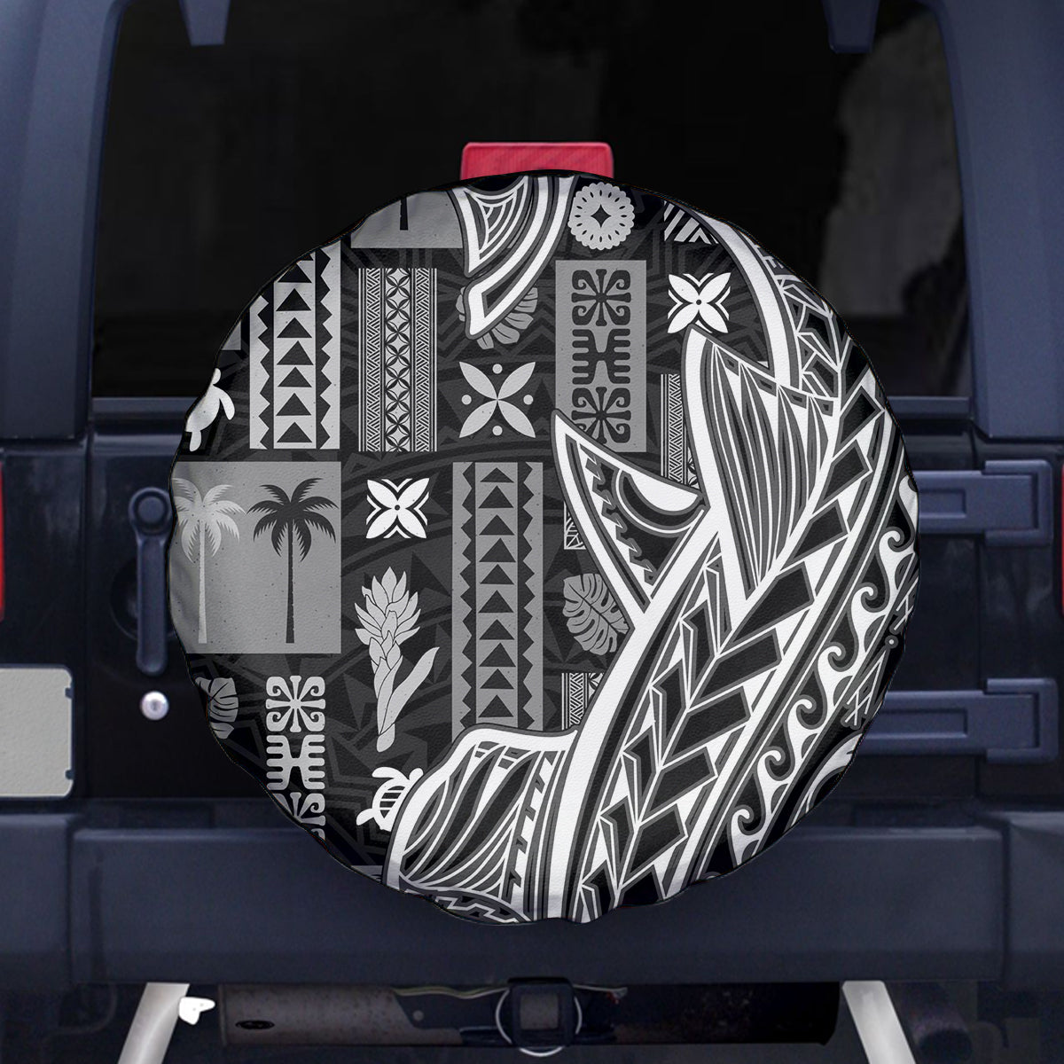 Samoa Tapa Spare Tire Cover Siapo Mix Tatau Patterns - Black LT7 Black - Polynesian Pride