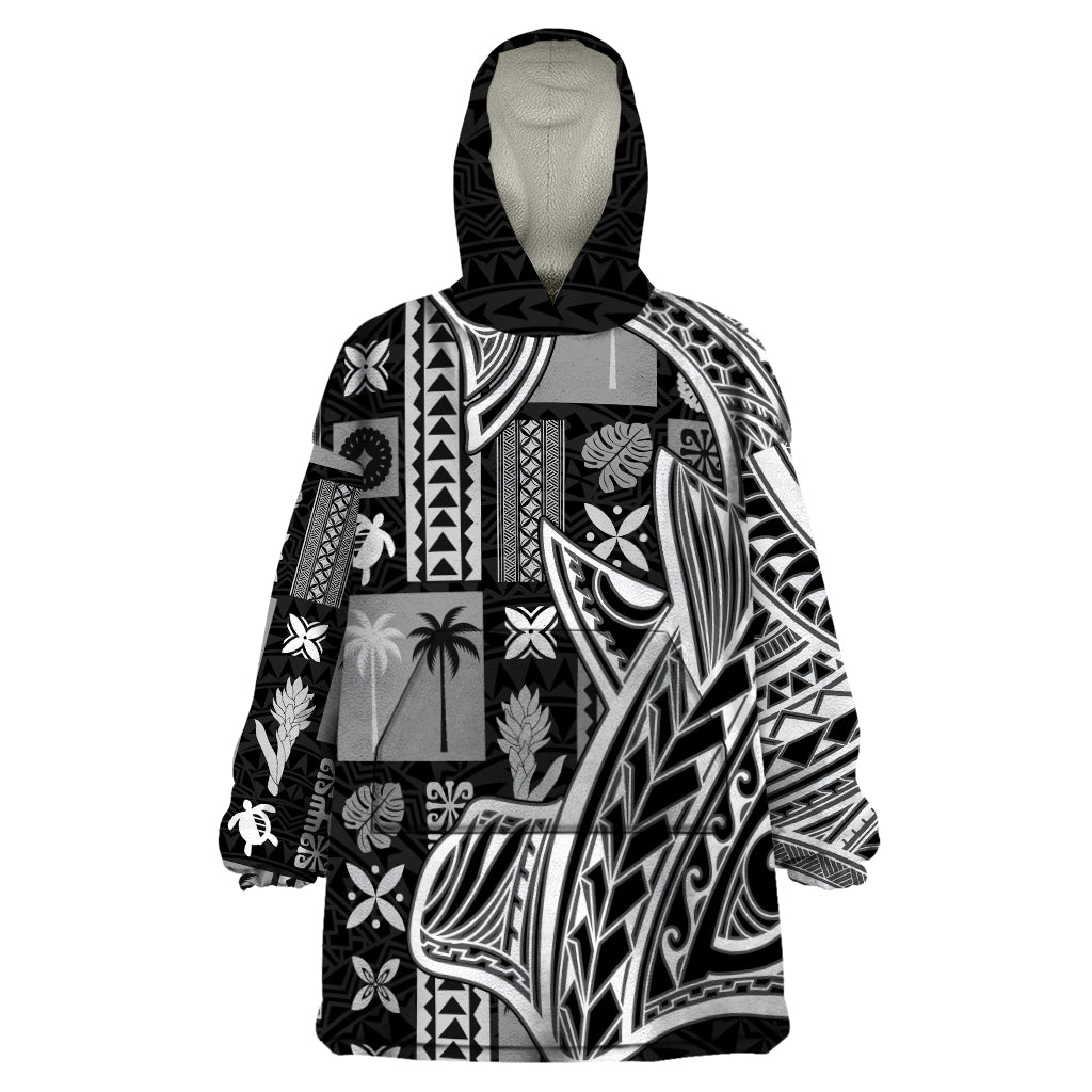 Samoa Tapa Wearable Blanket Hoodie Siapo Mix Tatau Patterns - Black LT7 One Size Black - Polynesian Pride