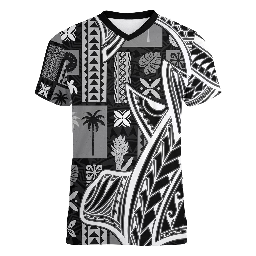 Samoa Tapa Women V Neck T Shirt Siapo Mix Tatau Patterns - Black LT7 Female Black - Polynesian Pride