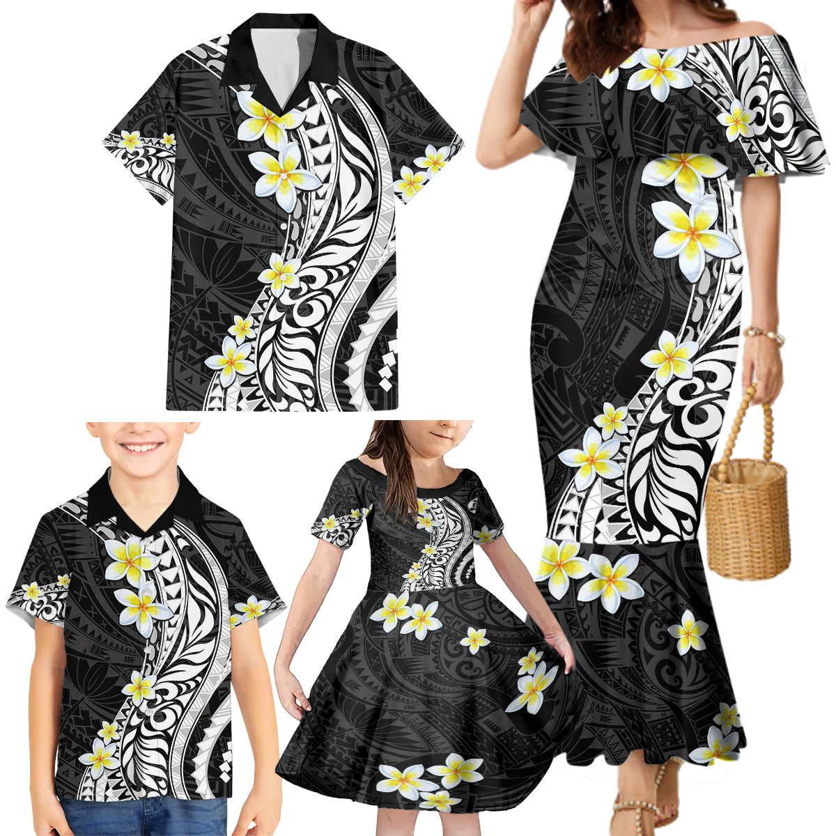 Hawaii Aloha Family Matching Mermaid Dress and Hawaiian Shirt Plumeria Vintage - Black LT7 - Polynesian Pride