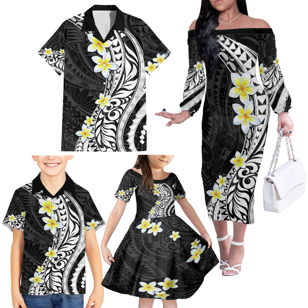 Hawaii Aloha Family Matching Off Shoulder Long Sleeve Dress and Hawaiian Shirt Plumeria Vintage - Black LT7 - Polynesian Pride