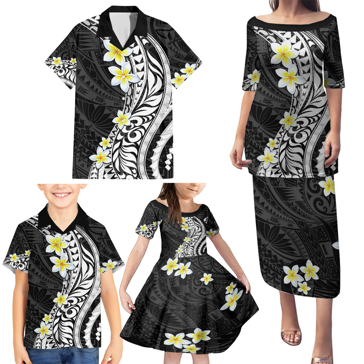 Hawaii Aloha Family Matching Puletasi Dress and Hawaiian Shirt Plumeria Vintage - Black LT7 - Polynesian Pride