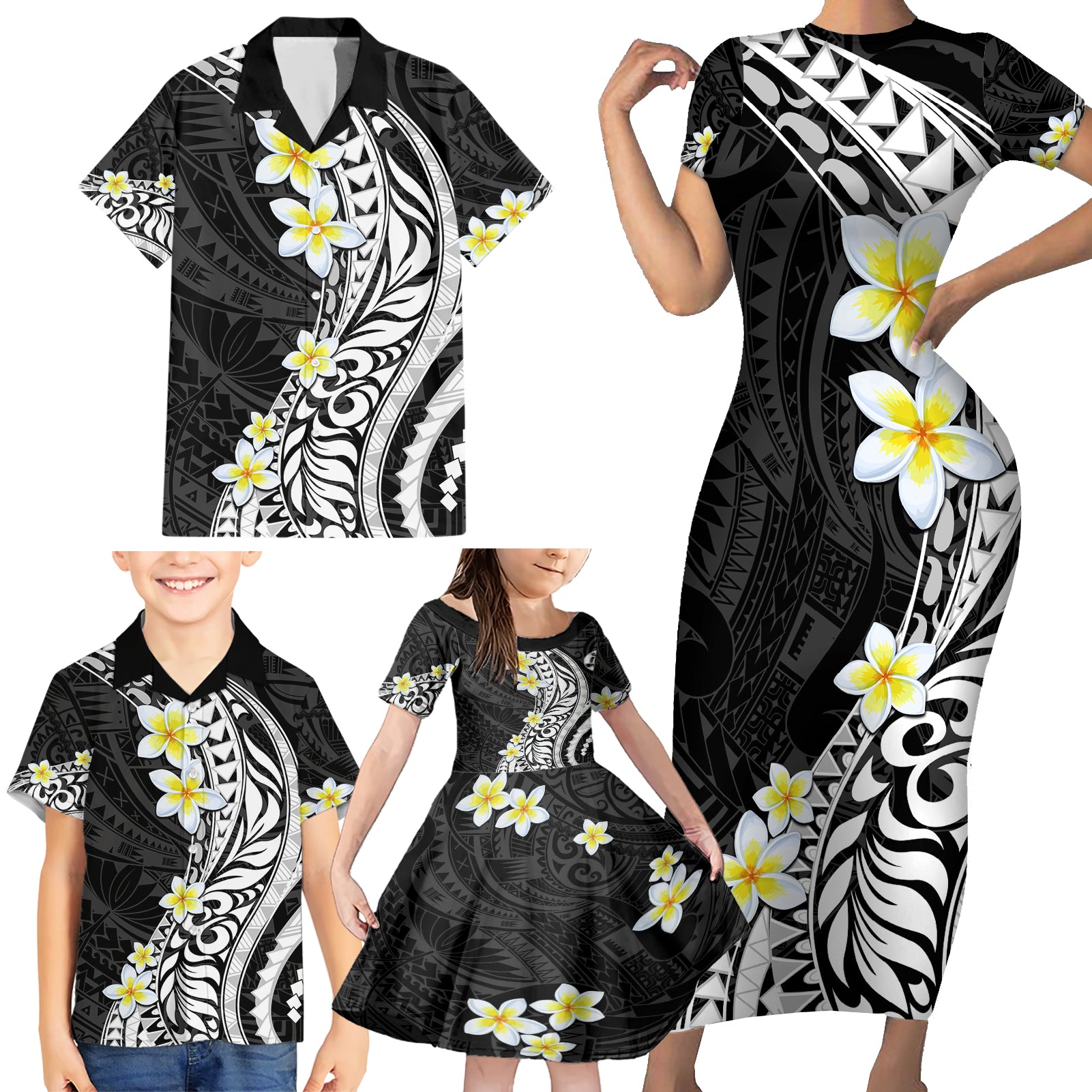 Hawaii Aloha Family Matching Short Sleeve Bodycon Dress and Hawaiian Shirt Plumeria Vintage - Black LT7 - Polynesian Pride