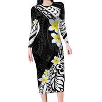 Hawaii Aloha Long Sleeve Bodycon Dress Plumeria Vintage - Black LT7