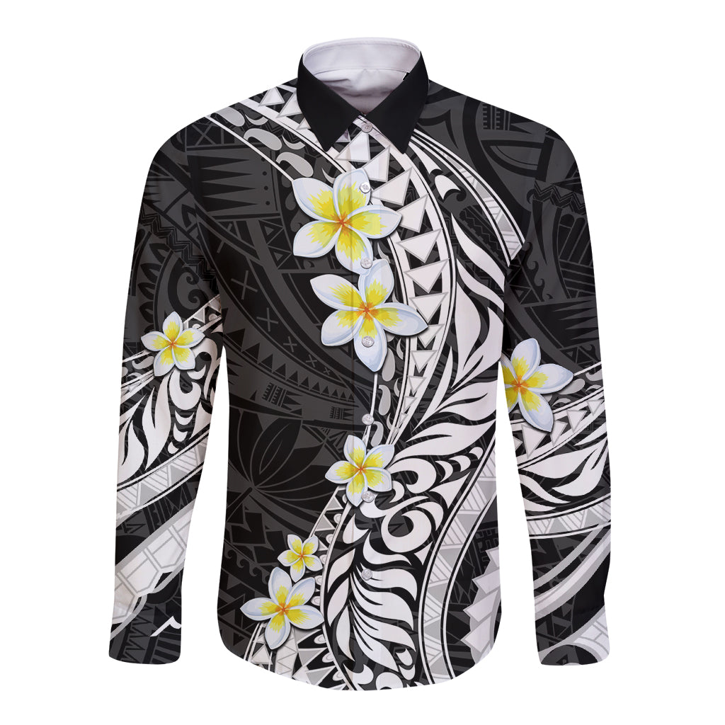 Hawaii Aloha Long Sleeve Button Shirt Plumeria Vintage - Black LT7 Unisex Black - Polynesian Pride