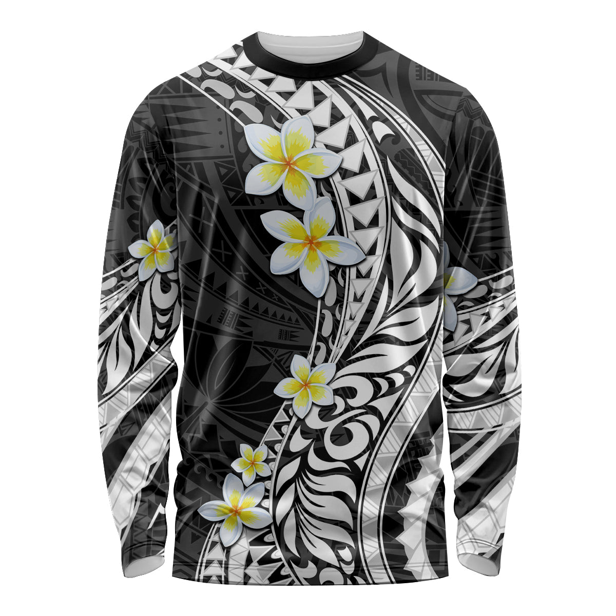 Hawaii Aloha Long Sleeve Shirt Plumeria Vintage - Black LT7 Unisex Black - Polynesian Pride