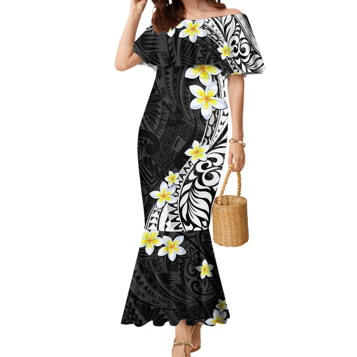 Hawaii Aloha Mermaid Dress Plumeria Vintage - Black LT7 Women Black - Polynesian Pride