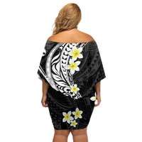 Hawaii Aloha Off Shoulder Short Dress Plumeria Vintage - Black LT7 - Polynesian Pride