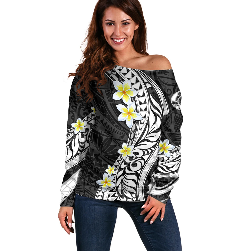 Hawaii Aloha Off Shoulder Sweater Plumeria Vintage - Black LT7 Women Black - Polynesian Pride