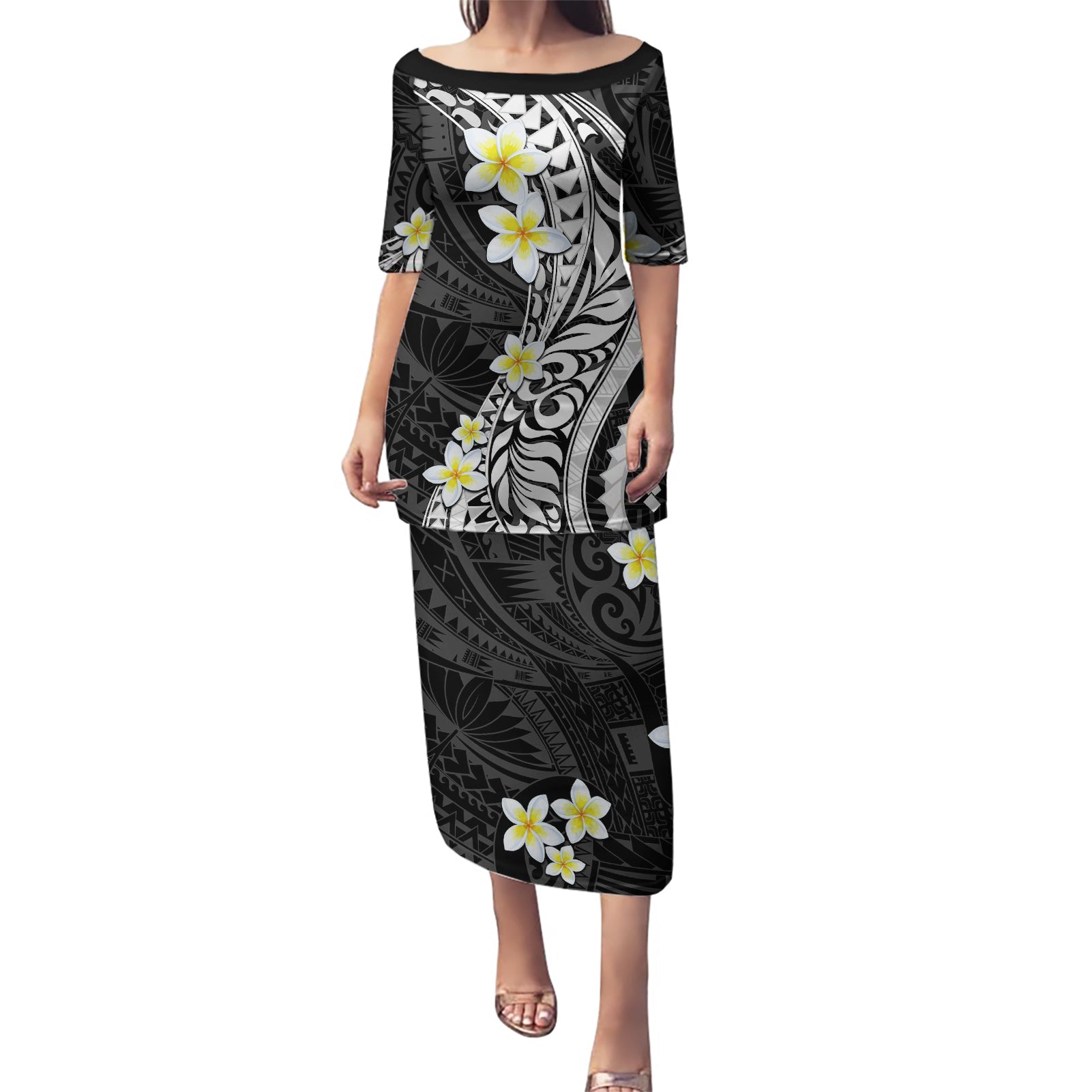 Hawaii Aloha Puletasi Plumeria Vintage - Black LT7 Long Dress Black - Polynesian Pride