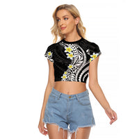 Hawaii Aloha Raglan Cropped T Shirt Plumeria Vintage - Black LT7 Female Black - Polynesian Pride
