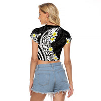 Hawaii Aloha Raglan Cropped T Shirt Plumeria Vintage - Black LT7 - Polynesian Pride