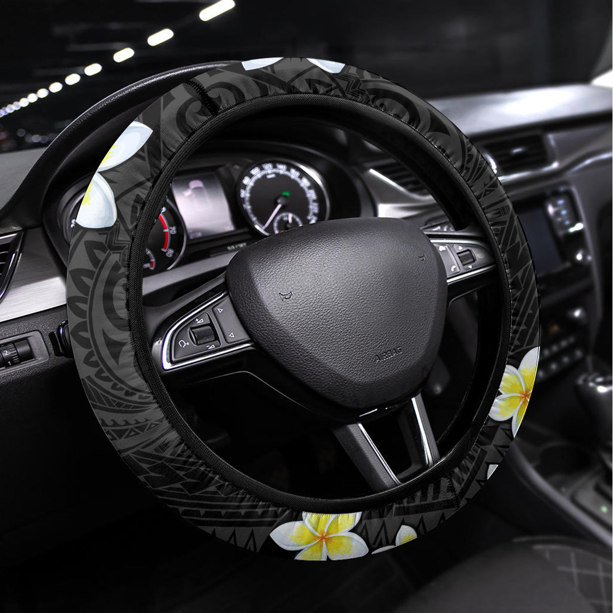 Hawaii Aloha Steering Wheel Cover Plumeria Vintage - Black LT7 Universal Fit Black - Polynesian Pride