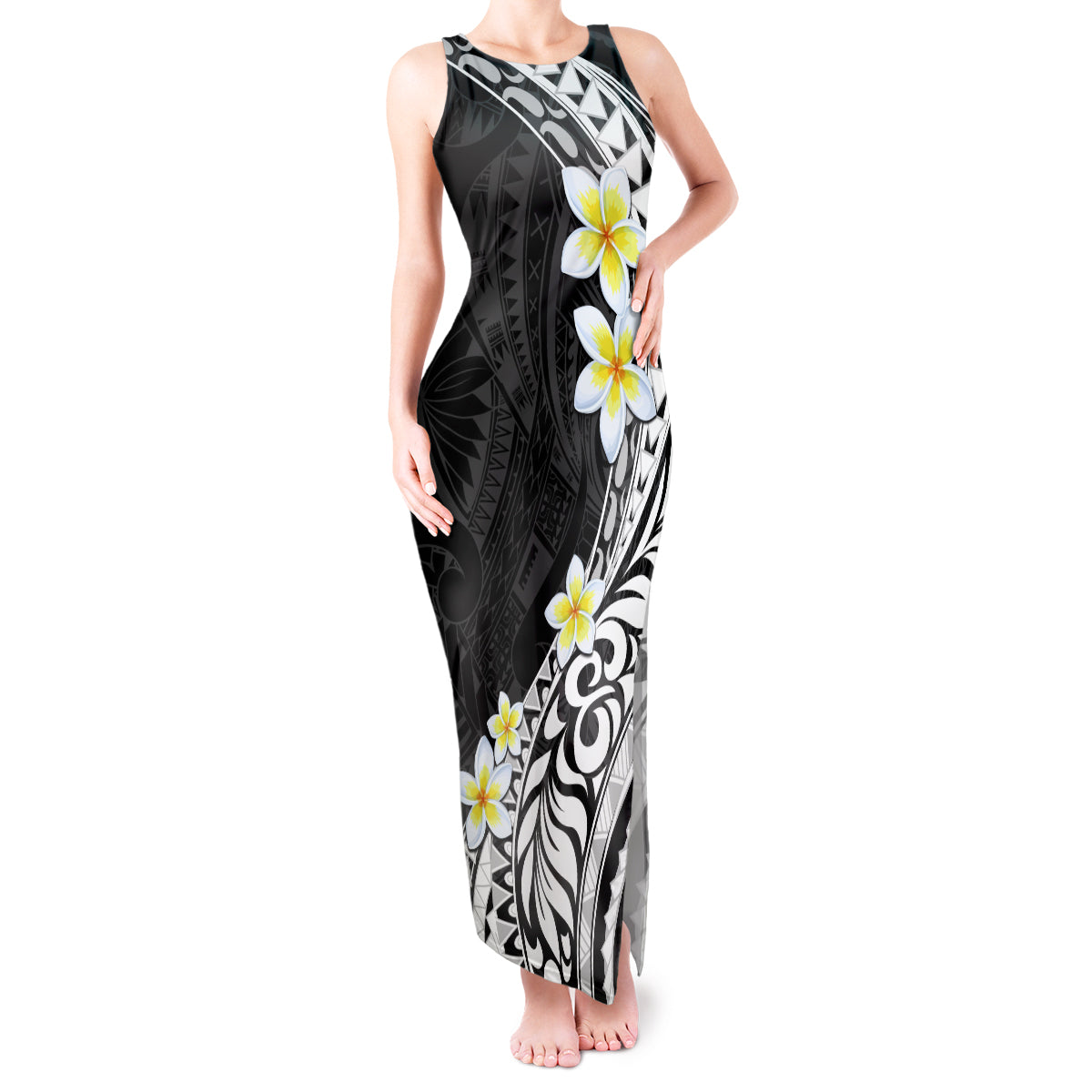 Hawaii Aloha Tank Maxi Dress Plumeria Vintage - Black LT7 Women Black - Polynesian Pride