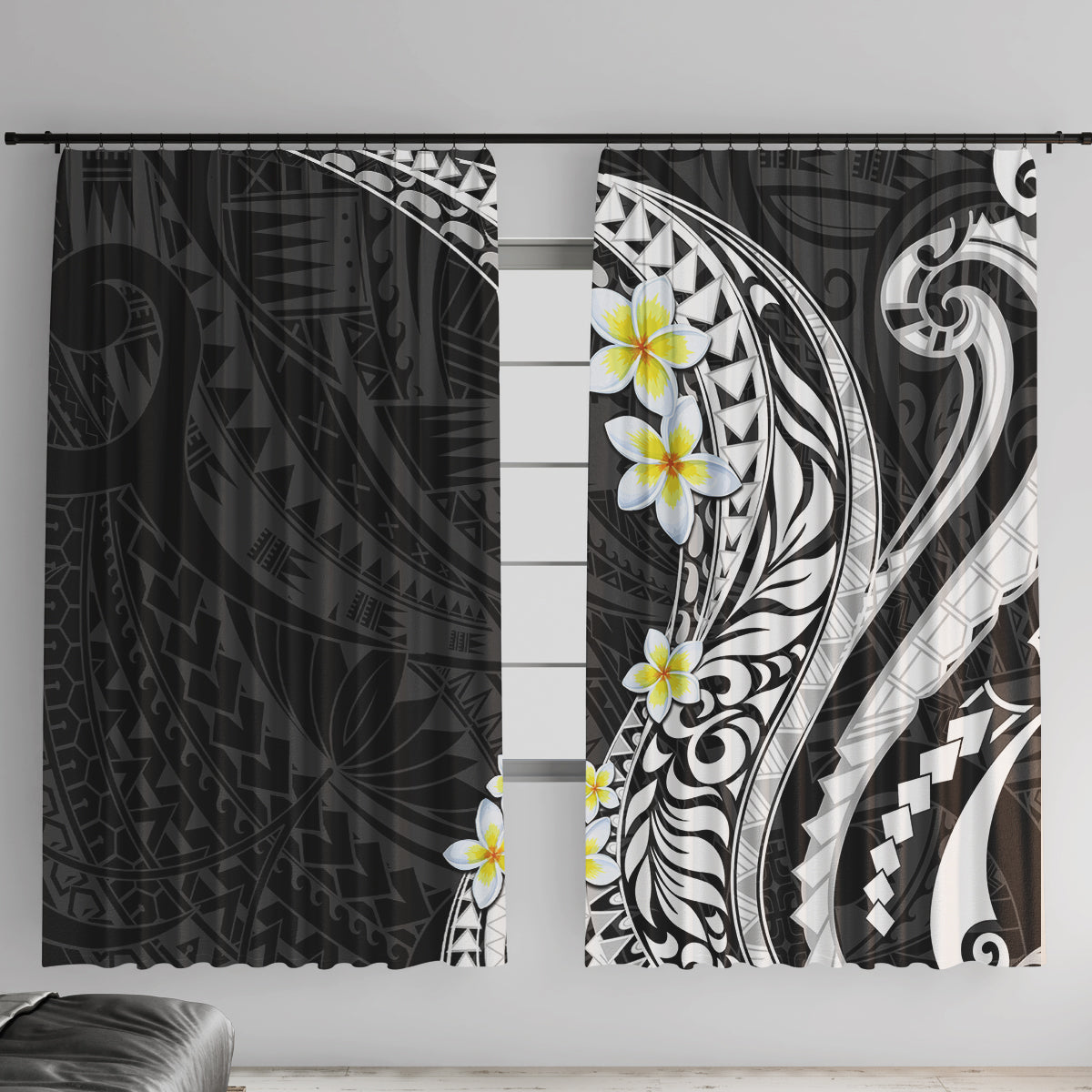 Hawaii Aloha Window Curtain Plumeria Vintage - Black LT7 With Hooks Black - Polynesian Pride