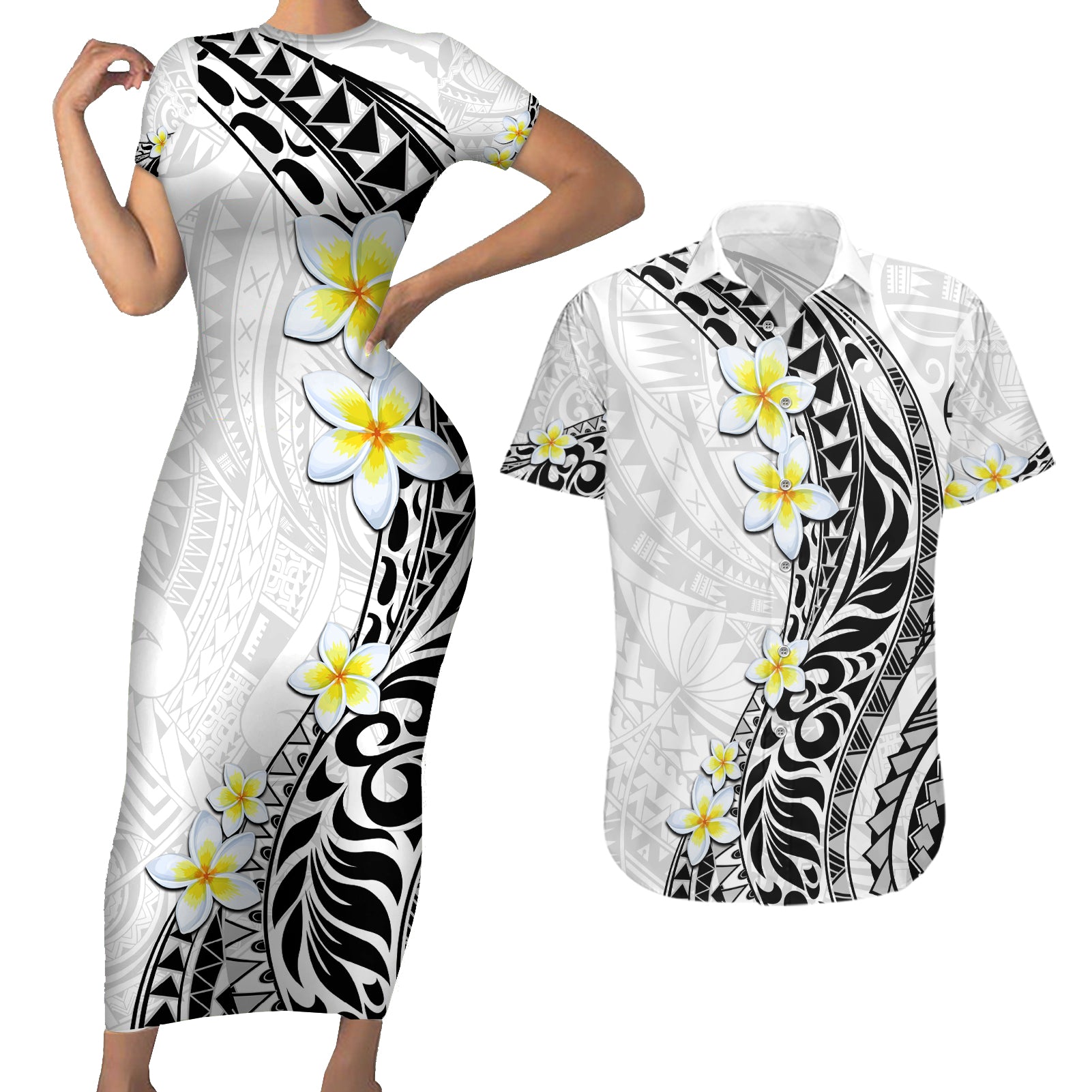 Hawaii Aloha Couples Matching Short Sleeve Bodycon Dress and Hawaiian Shirt Plumeria Vintage - White LT7 White - Polynesian Pride