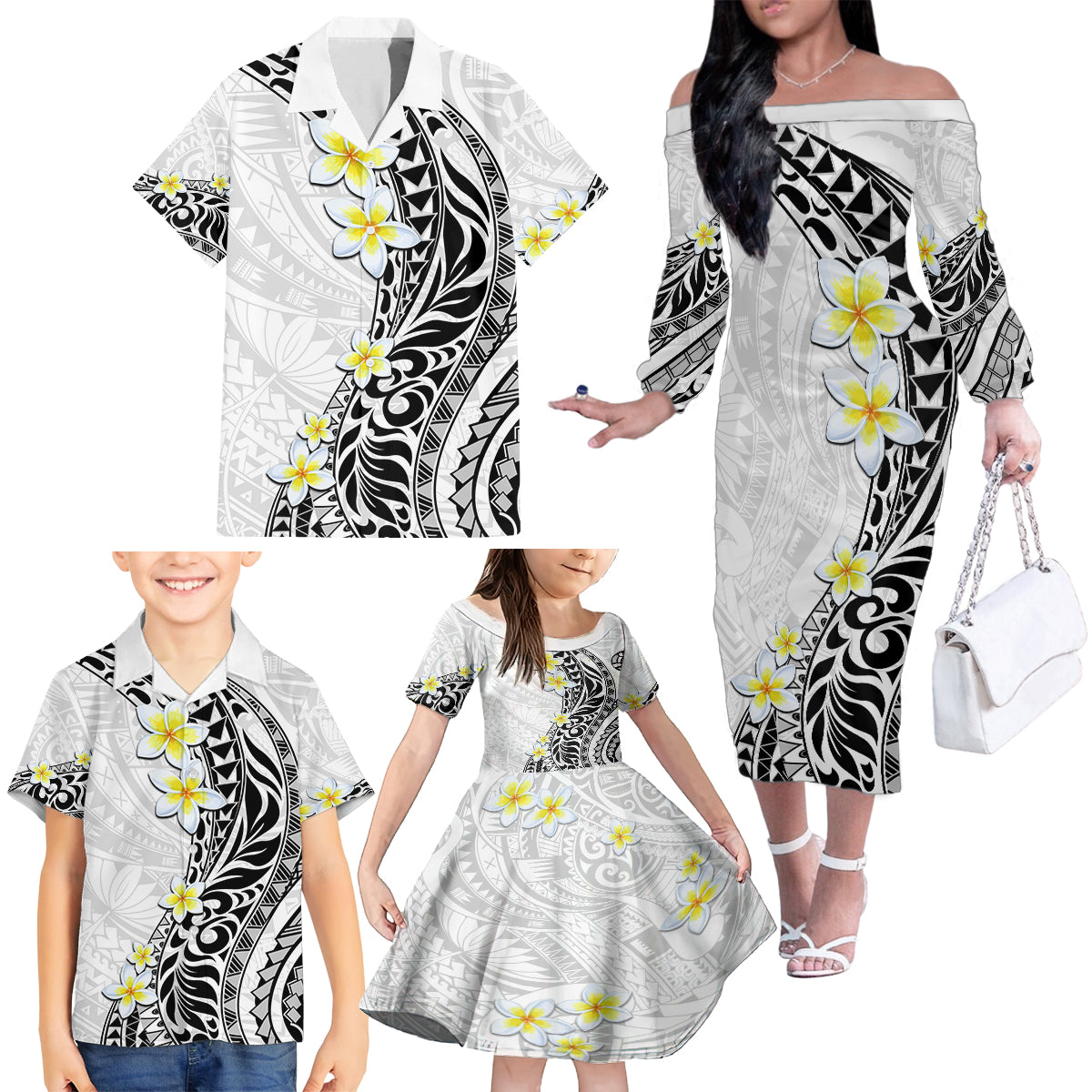 Hawaii Aloha Family Matching Off Shoulder Long Sleeve Dress and Hawaiian Shirt Plumeria Vintage - White LT7 - Polynesian Pride