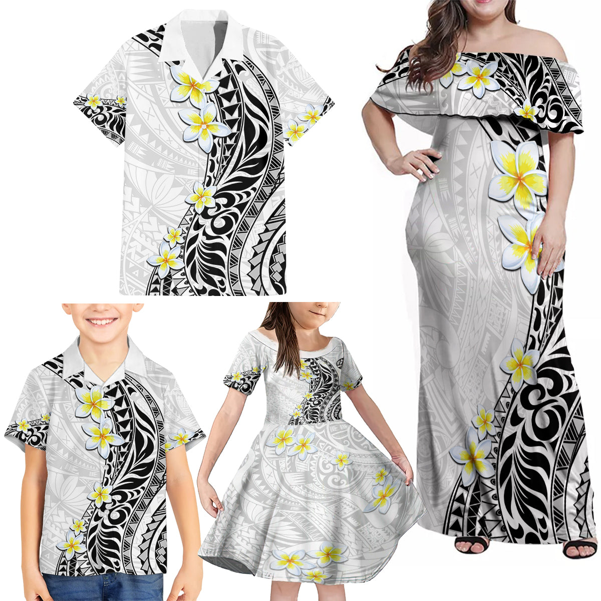 Hawaii Aloha Family Matching Off Shoulder Maxi Dress and Hawaiian Shirt Plumeria Vintage - White LT7 - Polynesian Pride