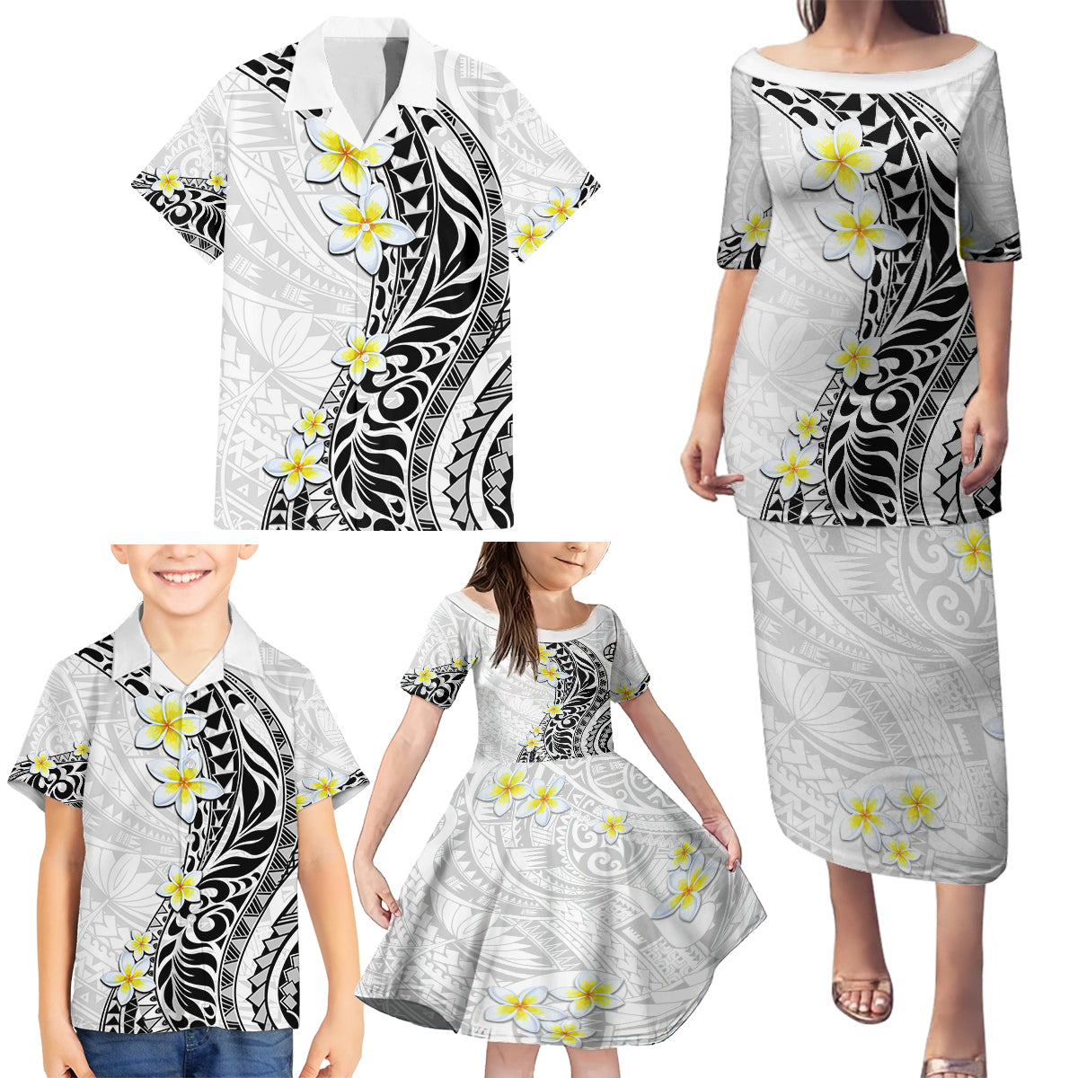 Hawaii Aloha Family Matching Puletasi Dress and Hawaiian Shirt Plumeria Vintage - White LT7 - Polynesian Pride