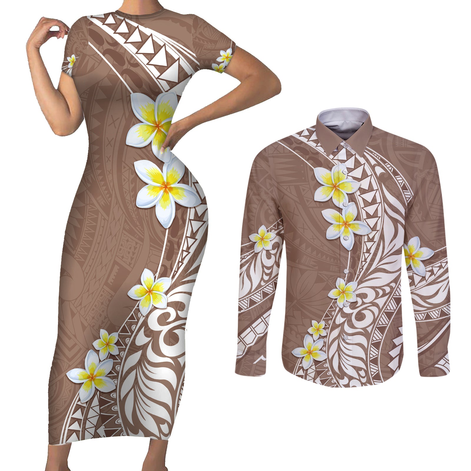 Hawaii Aloha Couples Matching Short Sleeve Bodycon Dress and Long Sleeve Button Shirt Plumeria Vintage - Brown LT7 Brown - Polynesian Pride
