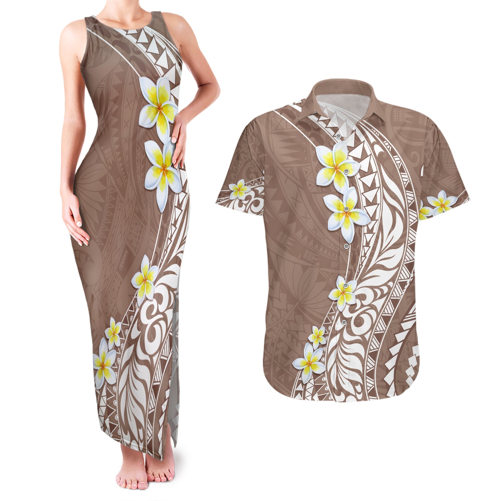 Hawaii Aloha Couples Matching Tank Maxi Dress and Hawaiian Shirt Plumeria Vintage - Brown LT7 Brown - Polynesian Pride