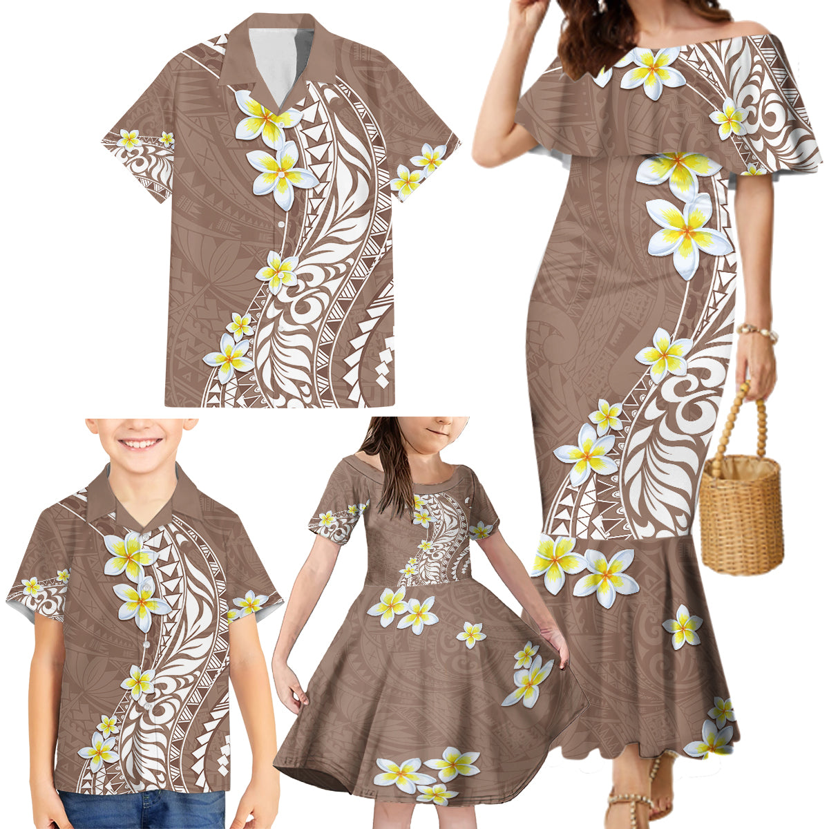 Hawaii Aloha Family Matching Mermaid Dress and Hawaiian Shirt Plumeria Vintage - Brown LT7 - Polynesian Pride