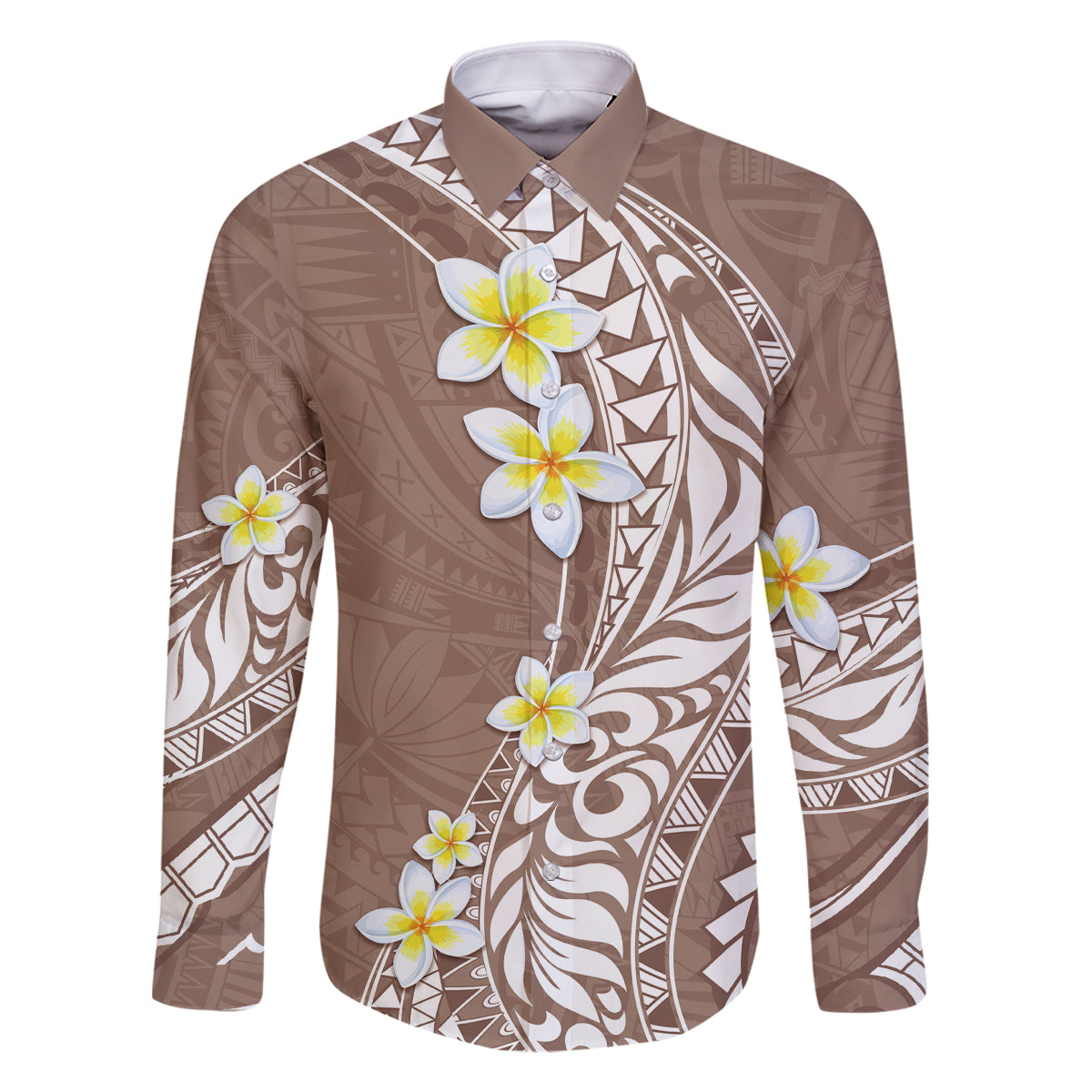 Hawaii Aloha Family Matching Off Shoulder Short Dress and Hawaiian Shirt Plumeria Vintage - Brown LT7 Dad's Shirt - Long Sleeve Brown - Polynesian Pride
