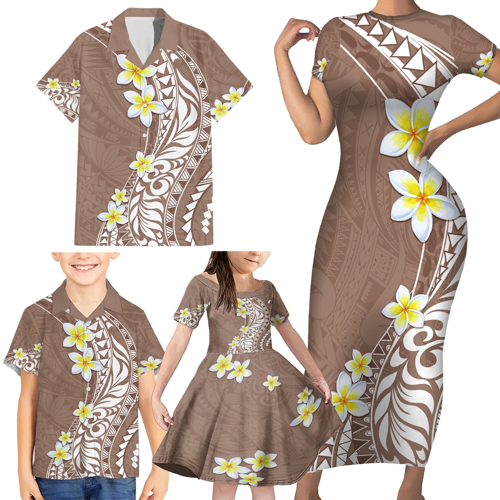 Hawaii Aloha Family Matching Short Sleeve Bodycon Dress and Hawaiian Shirt Plumeria Vintage - Brown LT7 - Polynesian Pride