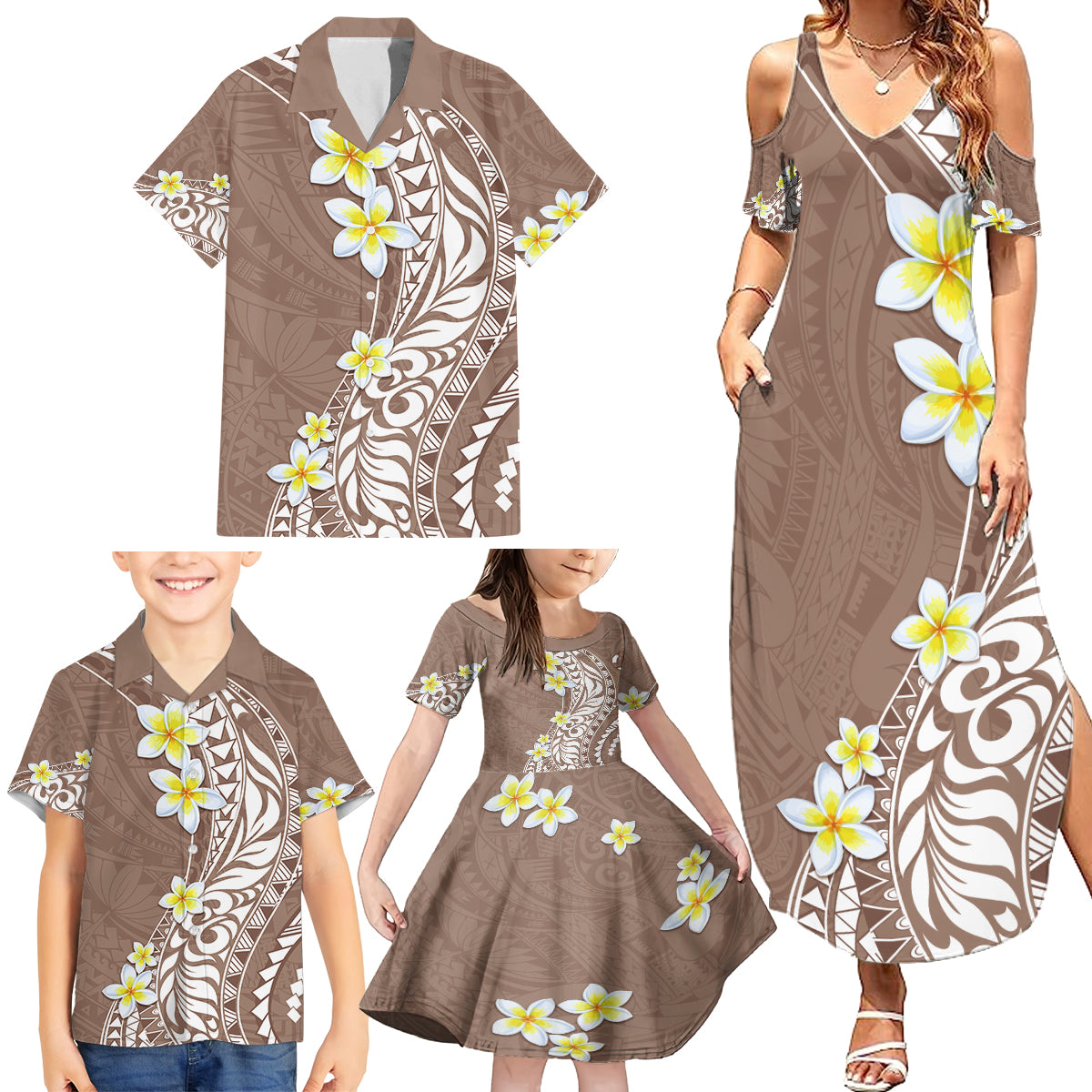 Hawaii Aloha Family Matching Summer Maxi Dress and Hawaiian Shirt Plumeria Vintage - Brown LT7 - Polynesian Pride