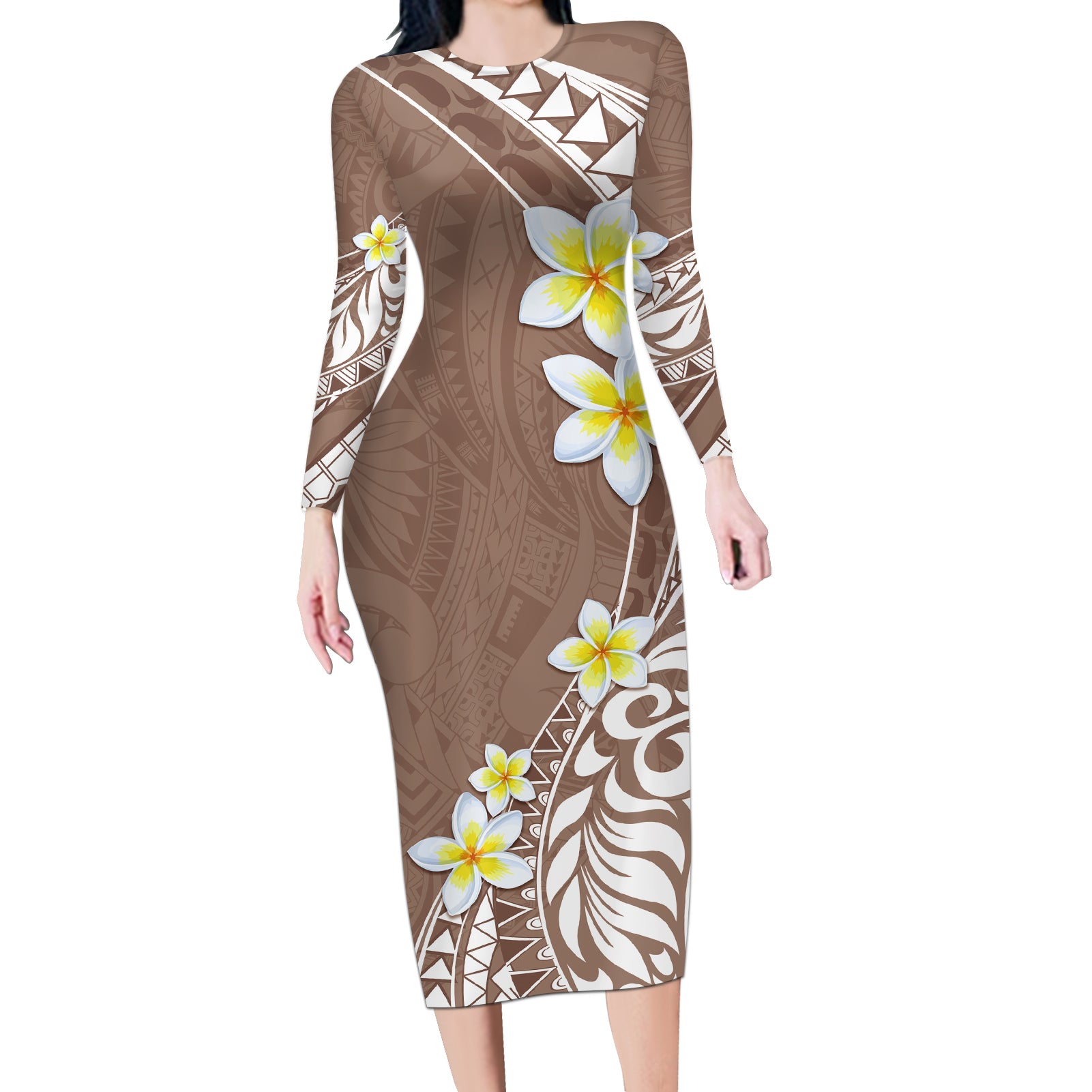 Hawaii Aloha Long Sleeve Bodycon Dress Plumeria Vintage - Brown LT7 Long Dress Brown - Polynesian Pride