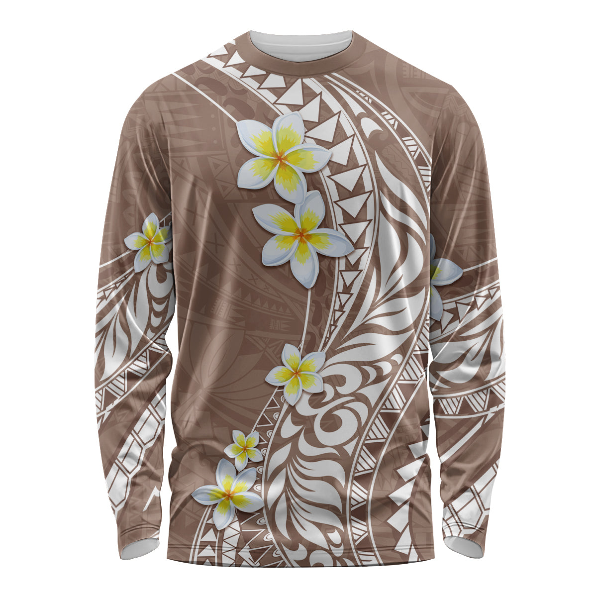 Hawaii Aloha Long Sleeve Shirt Plumeria Vintage - Brown LT7 Unisex Brown - Polynesian Pride