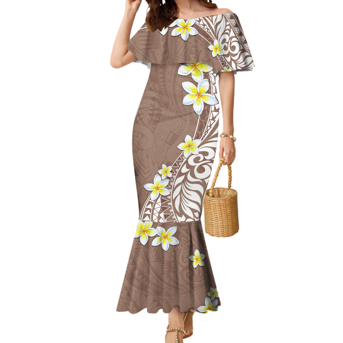 Hawaii Aloha Mermaid Dress Plumeria Vintage - Brown LT7 Women Brown - Polynesian Pride