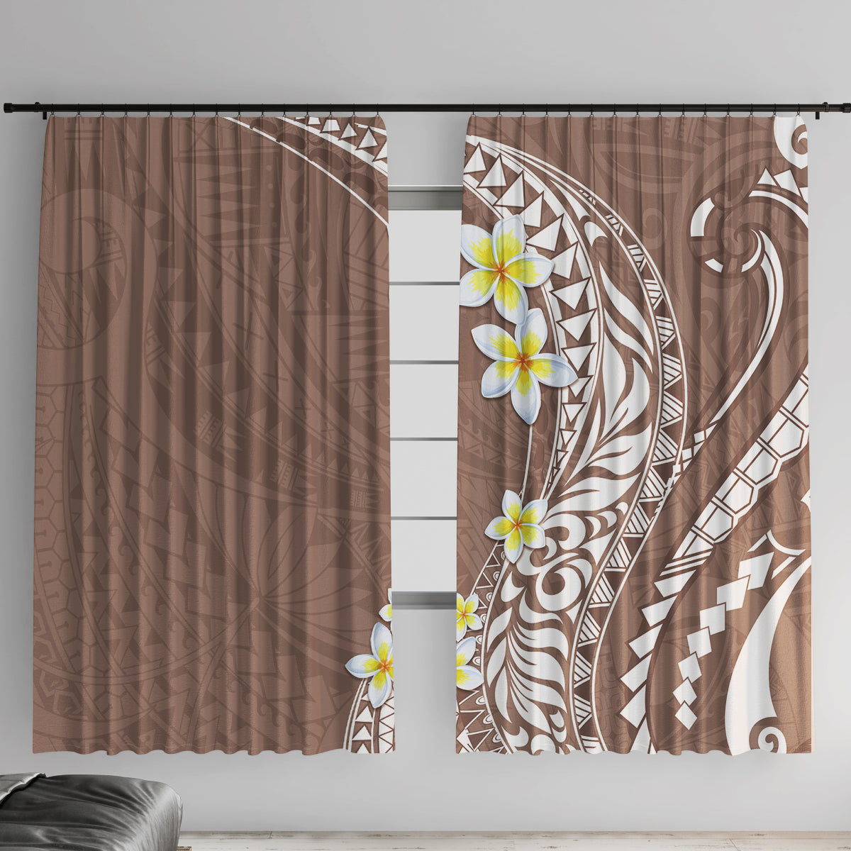 Hawaii Aloha Window Curtain Plumeria Vintage - Brown LT7 With Hooks Brown - Polynesian Pride