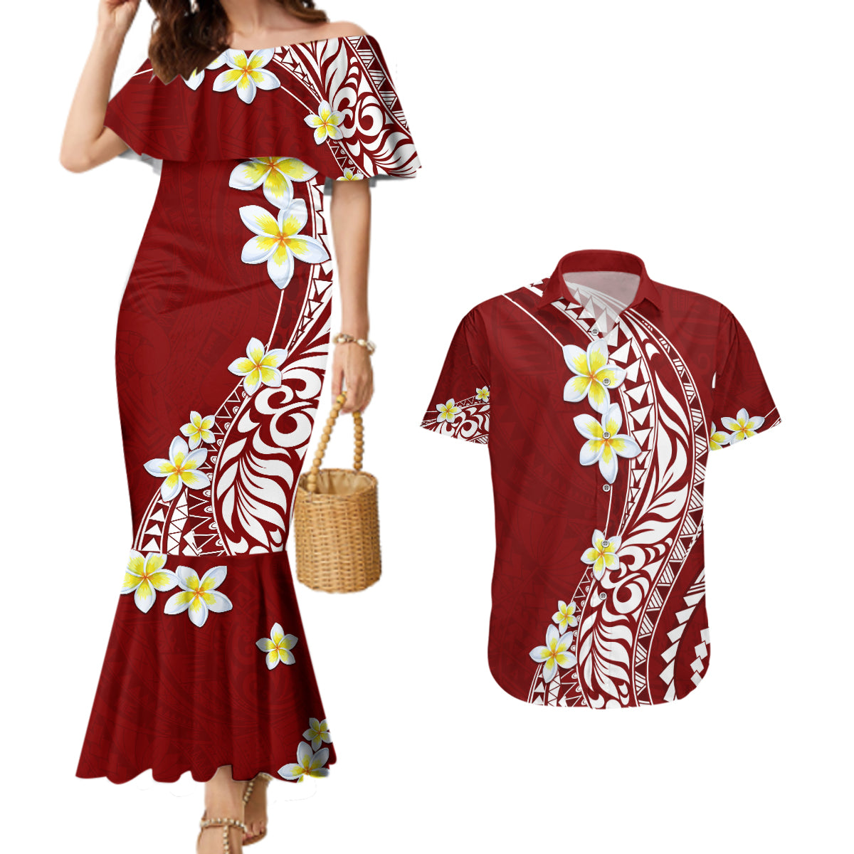 Hawaii Aloha Couples Matching Mermaid Dress and Hawaiian Shirt Plumeria Vintage - Crimson LT7 Crimson - Polynesian Pride