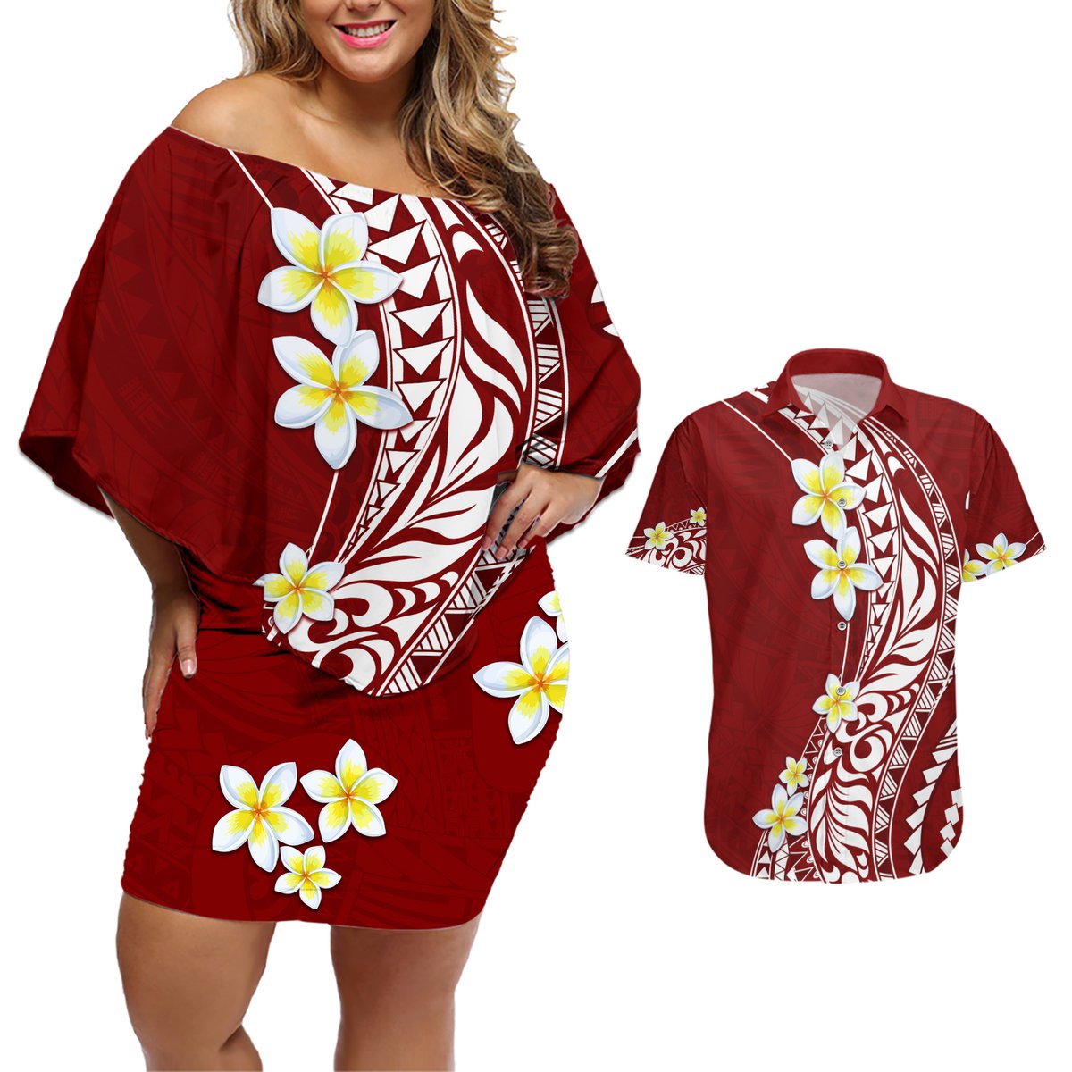 Hawaii Aloha Couples Matching Off Shoulder Short Dress and Hawaiian Shirt Plumeria Vintage - Crimson LT7 Crimson - Polynesian Pride