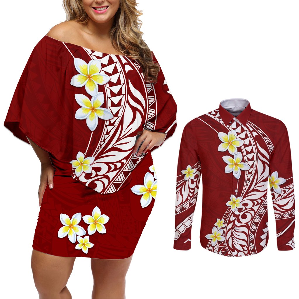 Hawaii Aloha Couples Matching Off Shoulder Short Dress and Long Sleeve Button Shirt Plumeria Vintage - Crimson LT7 Crimson - Polynesian Pride
