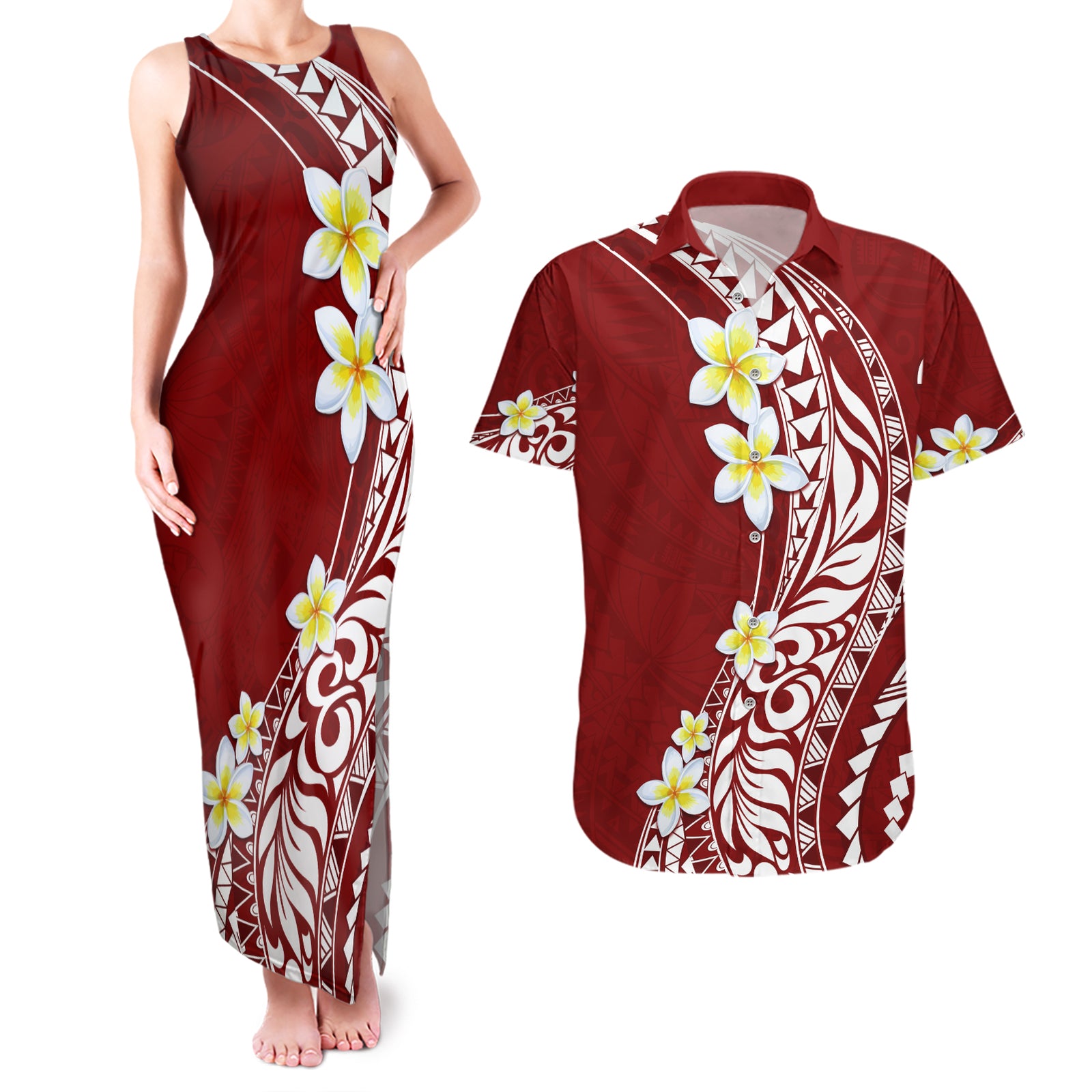 Hawaii Aloha Couples Matching Tank Maxi Dress and Hawaiian Shirt Plumeria Vintage - Crimson LT7 Crimson - Polynesian Pride