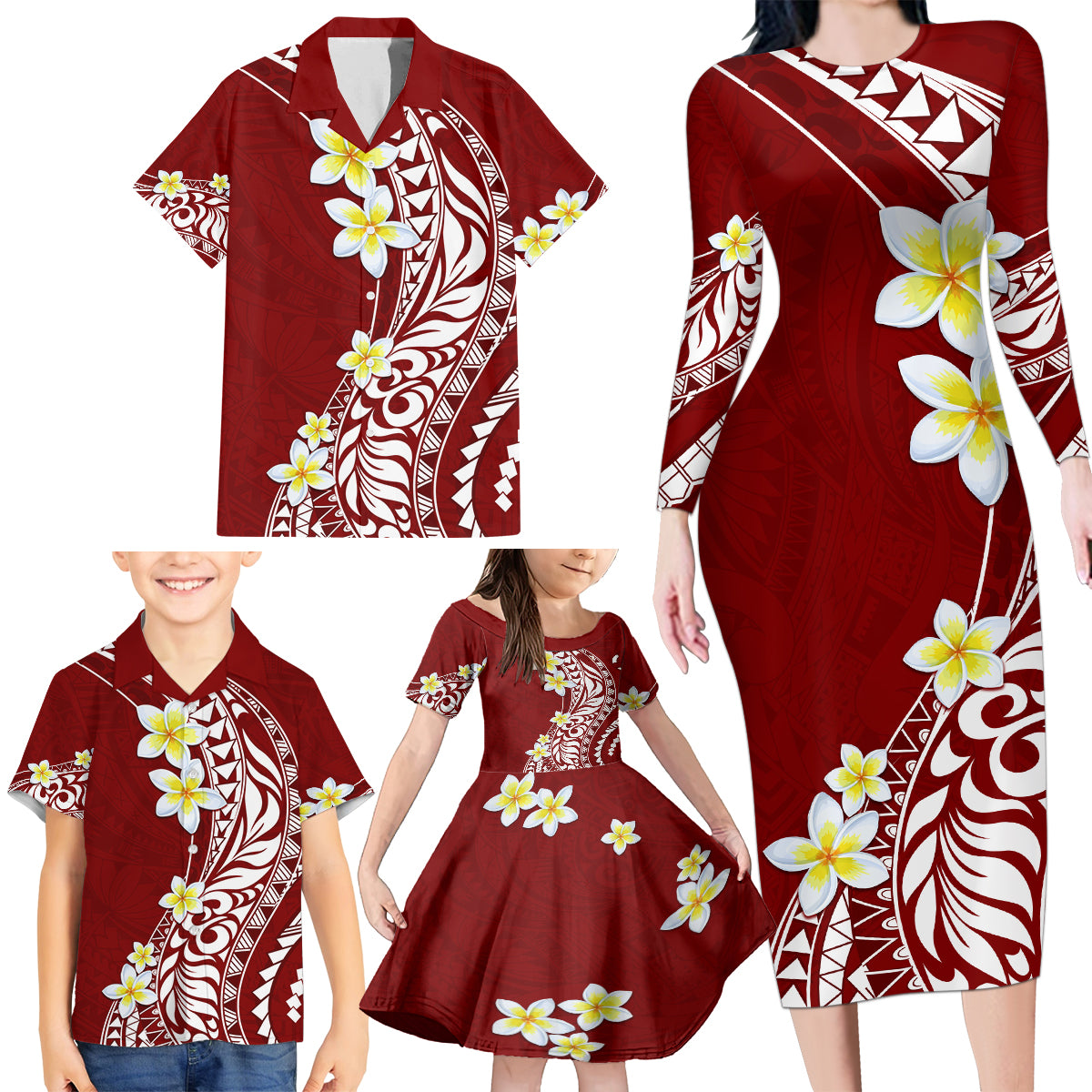 Hawaii Aloha Family Matching Long Sleeve Bodycon Dress and Hawaiian Shirt Plumeria Vintage - Crimson LT7 - Polynesian Pride