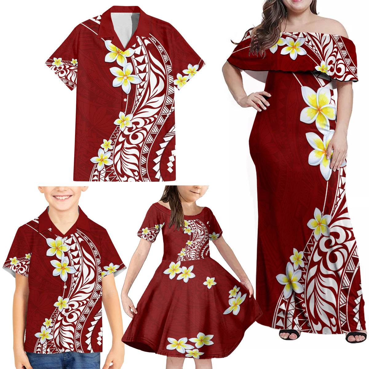 Hawaii Aloha Family Matching Off Shoulder Maxi Dress and Hawaiian Shirt Plumeria Vintage - Crimson LT7 - Polynesian Pride