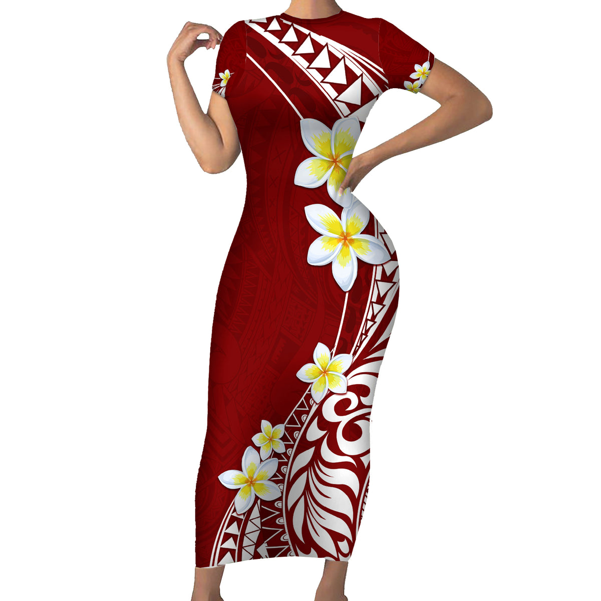 Hawaii Aloha Family Matching Short Sleeve Bodycon Dress and Hawaiian Shirt Plumeria Vintage - Crimson LT7 Mom's Dress Crimson - Polynesian Pride
