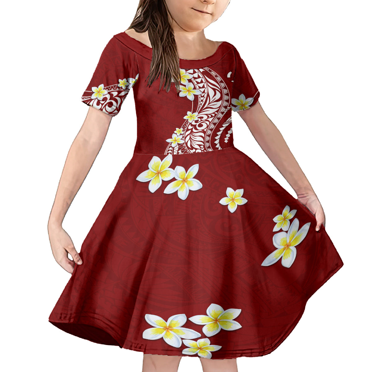 Hawaii Aloha Family Matching Tank Maxi Dress and Hawaiian Shirt Plumeria Vintage - Crimson LT7 Daughter's Dress Crimson - Polynesian Pride