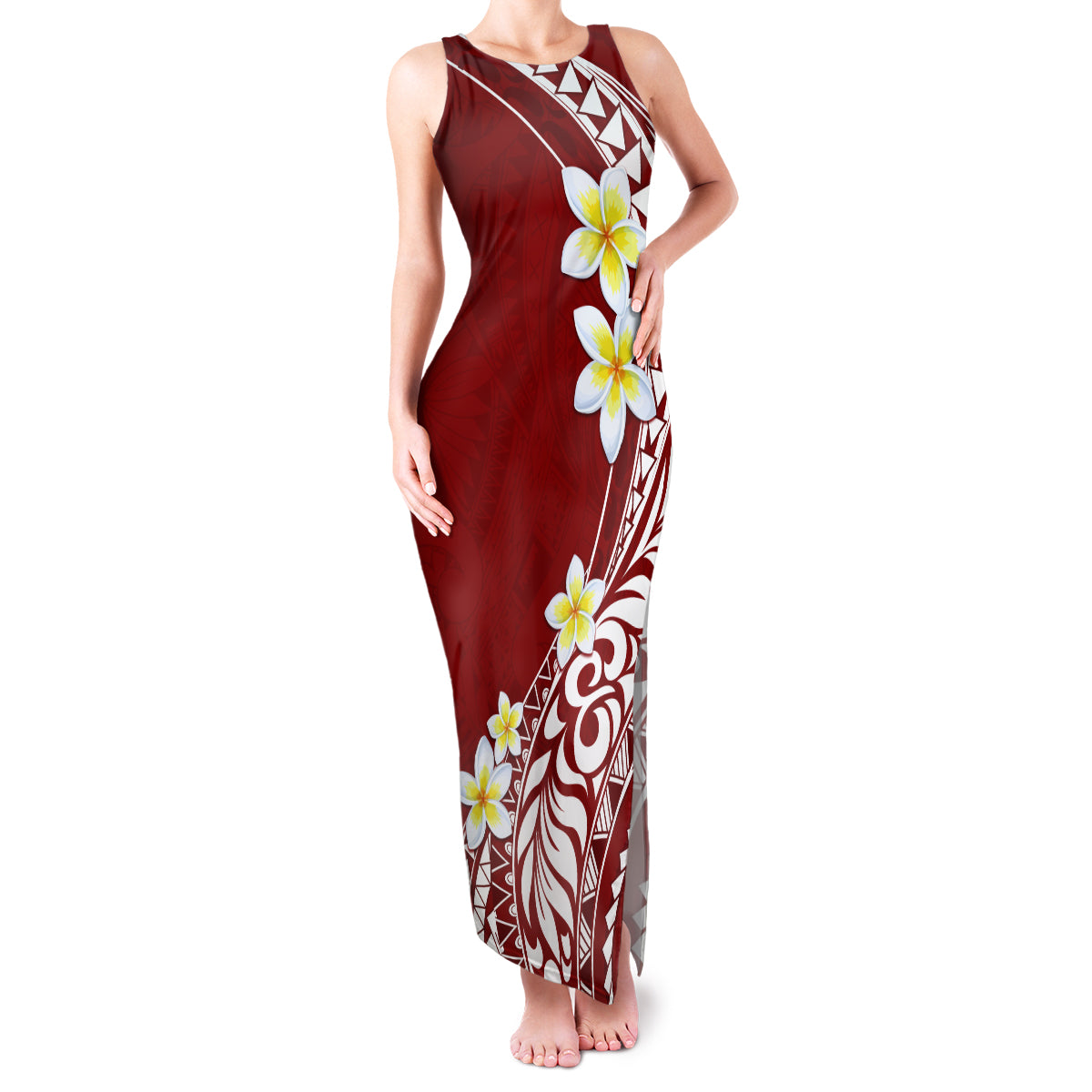 Hawaii Aloha Family Matching Tank Maxi Dress and Hawaiian Shirt Plumeria Vintage - Crimson LT7 Mom's Dress Crimson - Polynesian Pride