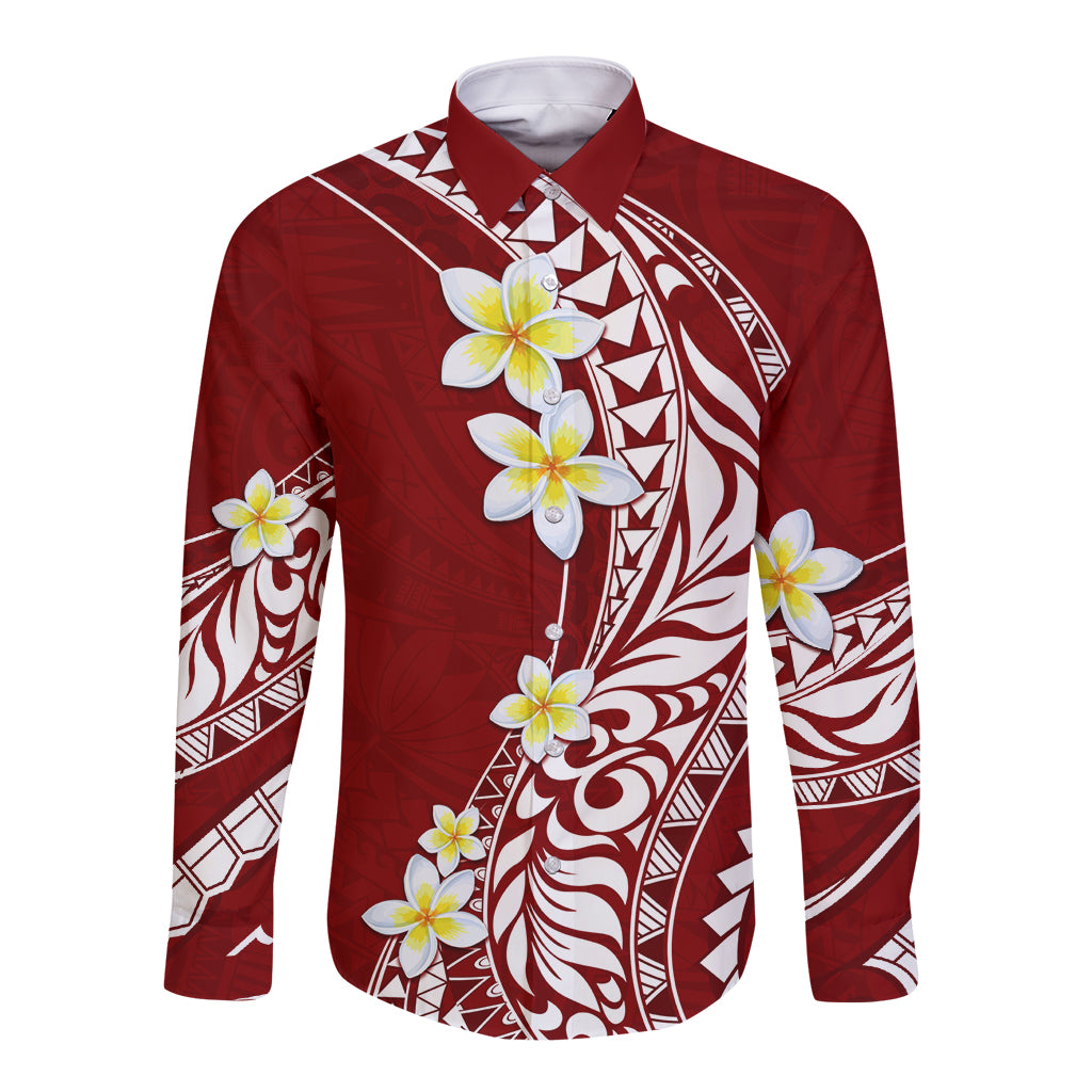 Hawaii Aloha Long Sleeve Button Shirt Plumeria Vintage - Crimson LT7 Unisex Crimson - Polynesian Pride
