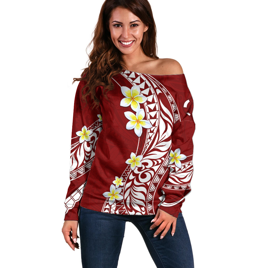 Hawaii Aloha Off Shoulder Sweater Plumeria Vintage - Crimson LT7 Women Crimson - Polynesian Pride