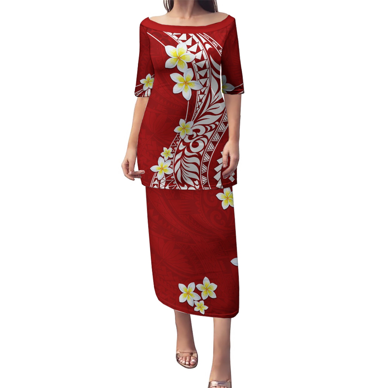 Hawaii Aloha Puletasi Plumeria Vintage - Crimson LT7 Long Dress Crimson - Polynesian Pride