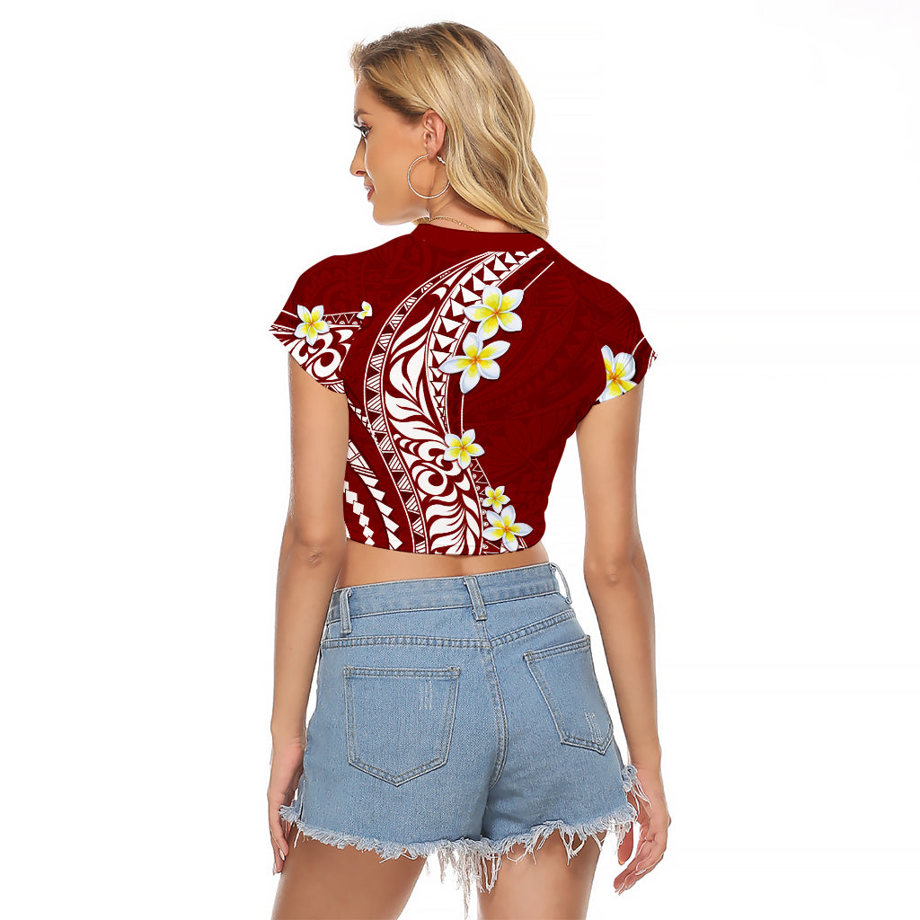 Hawaii Aloha Raglan Cropped T Shirt Plumeria Vintage - Crimson LT7 - Polynesian Pride