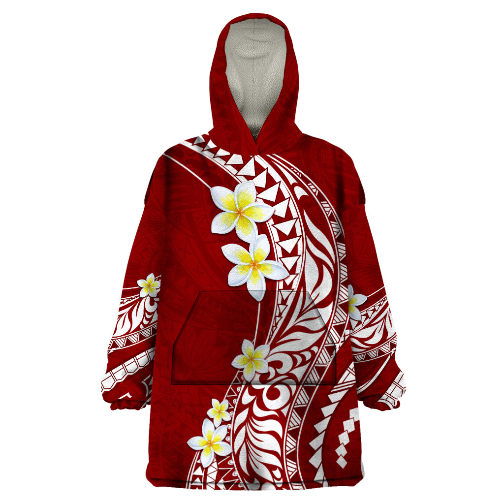 Hawaii Aloha Wearable Blanket Hoodie Plumeria Vintage - Crimson LT7 One Size Crimson - Polynesian Pride