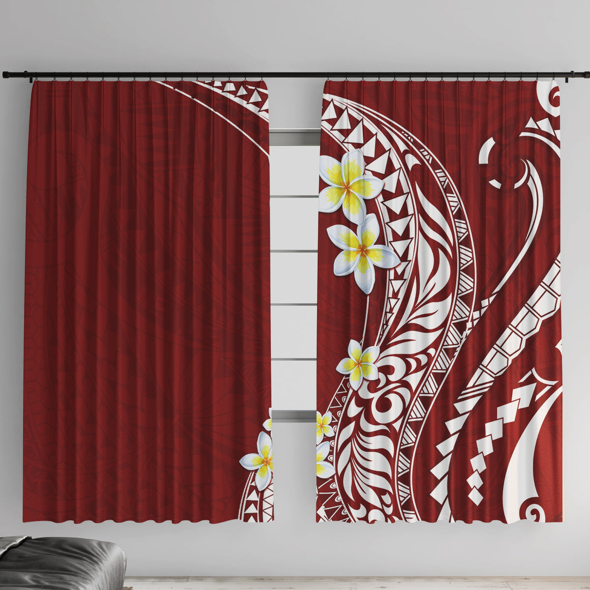 Hawaii Aloha Window Curtain Plumeria Vintage - Crimson LT7 With Hooks Crimson - Polynesian Pride