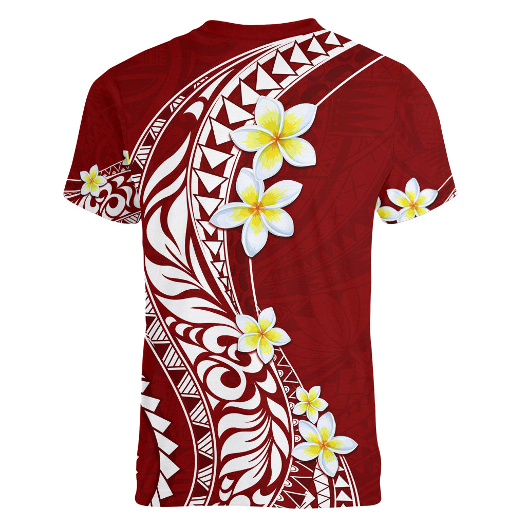 Hawaii Aloha Women V Neck T Shirt Plumeria Vintage - Crimson LT7 - Polynesian Pride