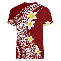 Hawaii Aloha Women V Neck T Shirt Plumeria Vintage - Crimson LT7 - Polynesian Pride